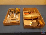 Vintage Jorgensen Wood Clamp, Vintage Dunlap axe/hatchet, Pipe wrench, (1) Flat of chisels