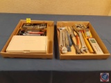 Demel Moto-tool kit in case, Xacto Pro kit in wooden box, crescent wrenches, pliers, ratchet,