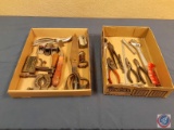 Swivel head ratchet, wire cutters, drill bits, vise grips, crescent wrench, Vintage shears, small