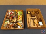 Patches, reflector safety tape, lure, key ring, Vintage army oil can, pliers, chisel, master lock