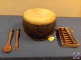 Vintage Tom Tom, Vintage hand carved fork and spoon, Vintage xylophone