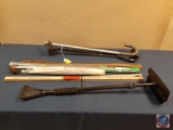Cane's, umbrella, yard sticks, ice scraper