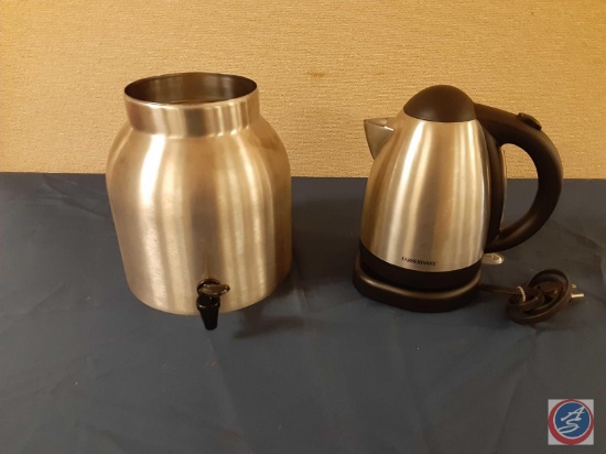(1) Faberware Electric Kettle, (1) Stainless Steel Drink Holder w/Spigot (no lid)