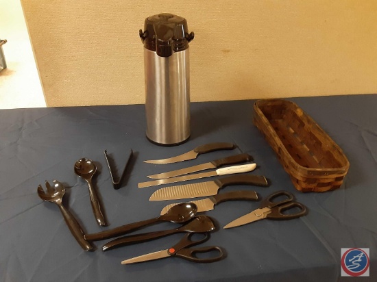 (1) Coffee Dispenser Air Pot stainless steel, (1) Basket of knives, serving utensils and shears