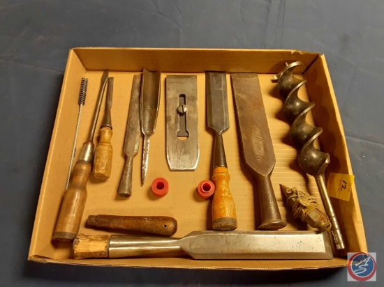 Vintage screwdrivers, Vintage chisels (some without handles), Drill bit, plum bob, plane blade