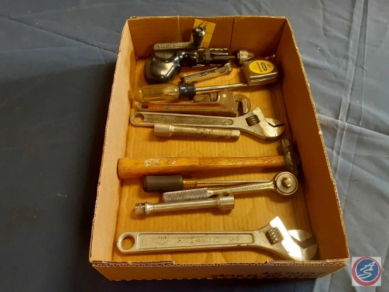 Fuller Brush Hand Drill, Tape Measure, Crescent Wrenches, Hammer, Pipe Wrench, Ratchet, Extensions