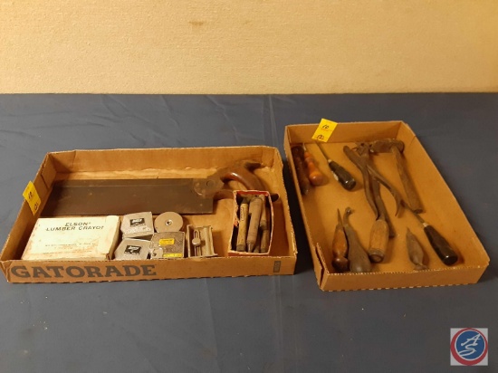 Leather Hand Tools, Small Sledge hammer, Tape Measures, Vintage Staonal Marking Crayons, Vintage