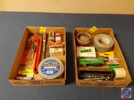 Pipe Wrench, Chuck Key Holder, Duct Tape, Stanley Line Level, Nails, Nasua Tape, Stanley Line Level,