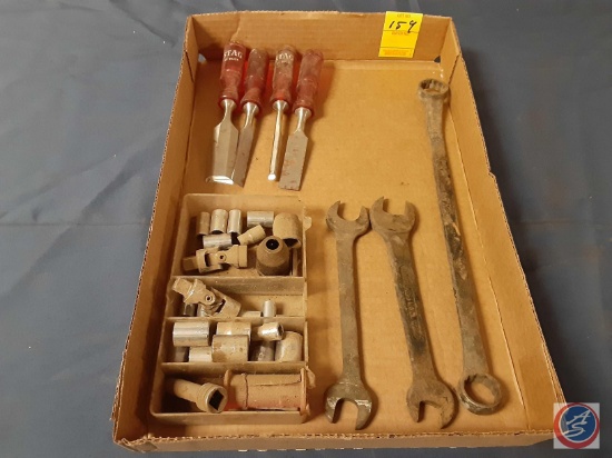 Stag Wood Chisels, Swivel Sockets, Vintage Wrenches, Assortment of Sockets