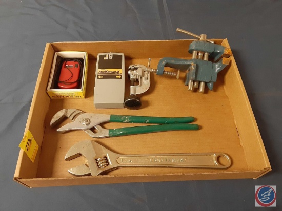 Micronta LCD Stopwatch, Zircon StudSensor 2, Pipe Cutter, Small Bench Vise, Channel Locks, Crescent