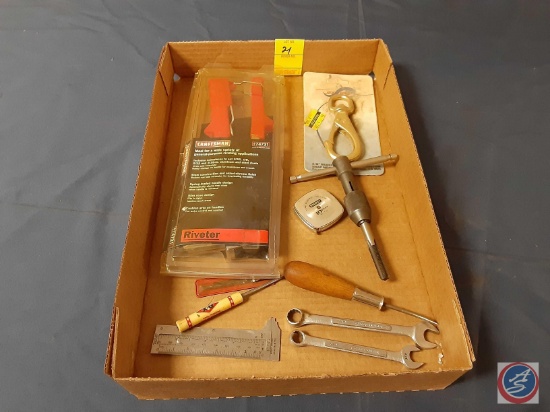 Craftsman Riveter, Vintage Stanley Tape Measure 10ft., Combination Wrenches, Hand Tap w/bit, Drill