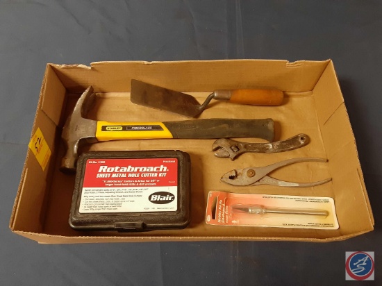 Stanley Hammer Fiberglass, Crescent Wrench, Pliers, Hobby Knife, Blair Rotabroach Sheet Metal Hole