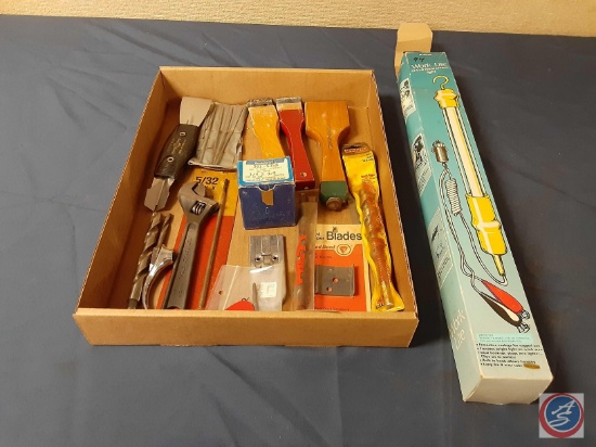 Florescent Work Light, Drill Bits, Scrappers, Red Devil Window Tool......