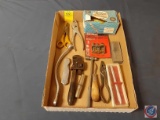 Vintage Pipe Wrench, Vintage Ball Peen Hammer, Pliers, Craftsman Plug Cutter Set, Awl, Paintstik