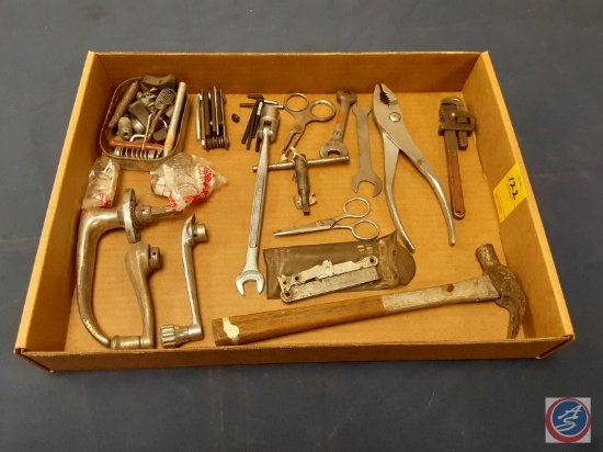 Vintage Ignition Switch Gauge, Scissors, Pipe Wrench, Hammer, Window Cranks, Door Handle and Other