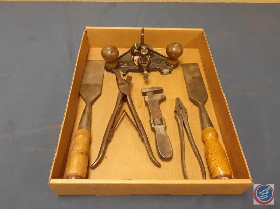 Stanley Router Plane No. 71, Chisels, Vintage Flush Cutter Pliers, Billings & Spencer Wrench,