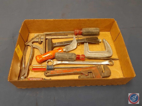 C-Clamp, Pipe Wrench, Screwdrivers, Pliers, Utility Knife, Sliding T-Square