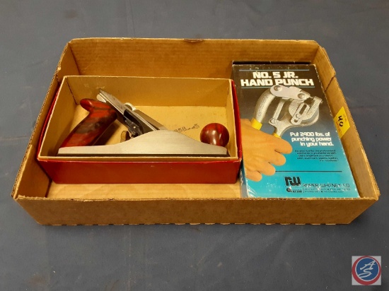 Millers Falls Rion Smooth Plane No. 9 in Original Box, Roper Whitney Co. Jr. Hand Punch No. 5