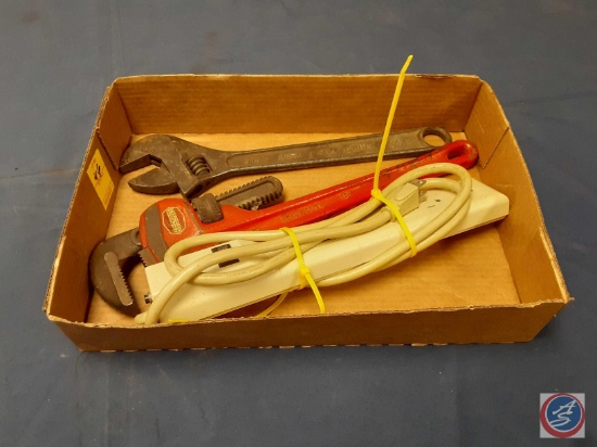 Pipe Wrench, Crescent Wrench, Multi-Outlet Extension Cord
