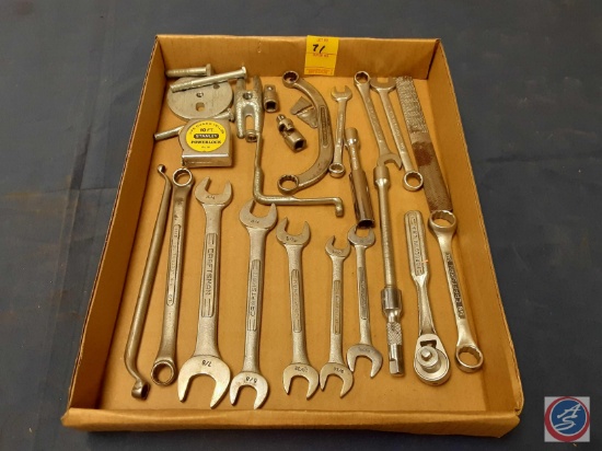 Assorted Closed End, Open Ended and Combination Wrenches, File, Stanley Tape Measure, Other
