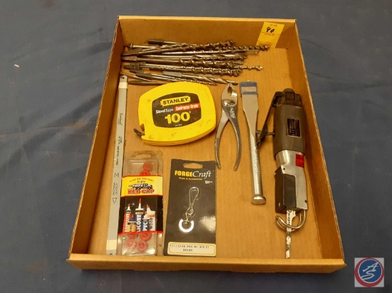 Central Pneumatic Air Body Saw, Chisel, Vintage Auger/Wood Drill Bits, Stanley Steel Tape Contractor