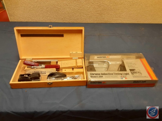 Actron Chrome Inductive Timing Light L-204, Vintage Xacto Knife Chest in Wooden Box (missing pieces)
