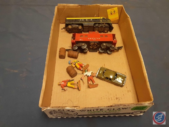 Santa Fe Toy Engine, Reading Toy Caboose, Army Toy Car