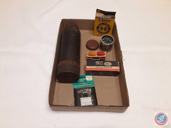 Vintage WW1 Model 1907 M Artillery Shell, Daisy BB's,...Sheridan Bantam 5`S 5mm Ammunition, Padlock