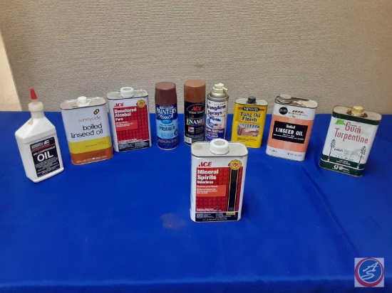 Assortment of Oils, Spray Paint, Paint Cleaning Liquids, Turpentine (NO SHIPPING)