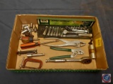 Ratchet, Pliers, Channel Locks, Screwdriver, S&K Socket Set, C-Clamp, Sockets