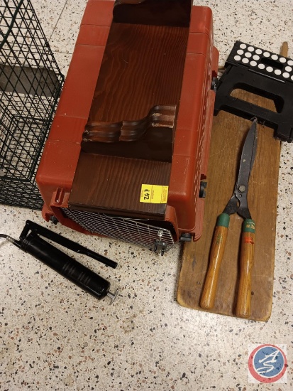 Live animal trap, dog kennel, antique iron board and other miscellaneous