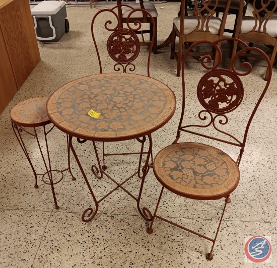 Red patio set with table, end table, and (2) chairs