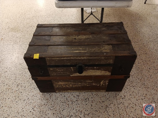 Wooden trunk with contents 22 x 34 x 18 1/2