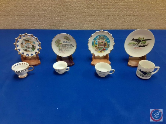 (4) mini collector teacups and saucers Delaware, mother, London souvenir, Arizona