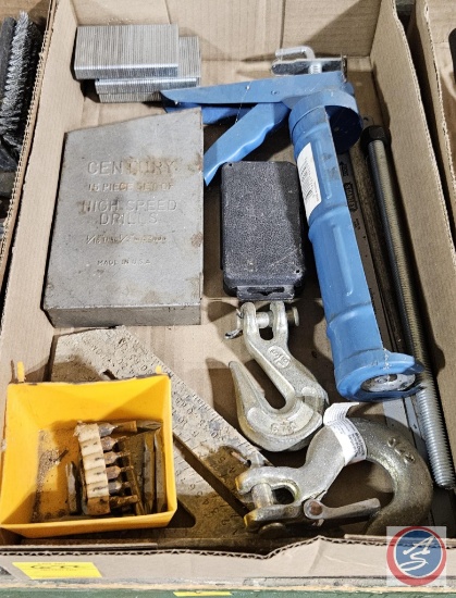 Caulk gun, drill bits, and hooks
