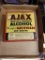 Ajax completely denatured alcohol box. Made of metal has some rusting and a hole in the bottom.