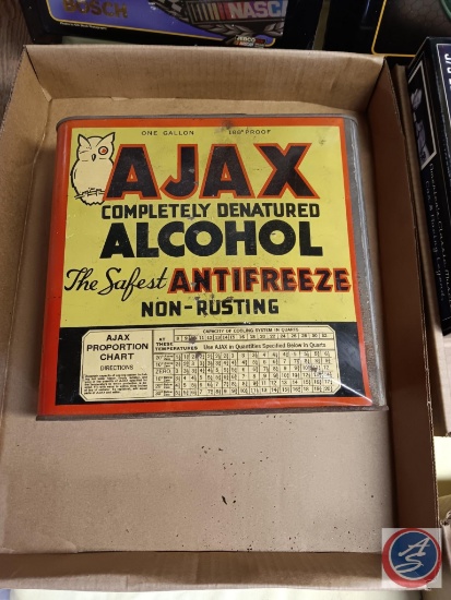 Ajax completely denatured alcohol box. Made of metal has some rusting and a hole in the bottom.