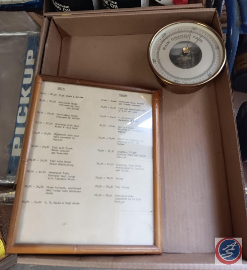 Rain gauge and a framed vintage sheet with information.