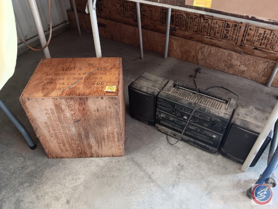 Vintage radio, and wooden McKesson and Robbins Omaha crate.