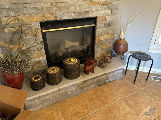 Lot of Home Decor: Clay Pot with Base, Elephant Candle Holders, Wicker Baskets, and Glass Bowls