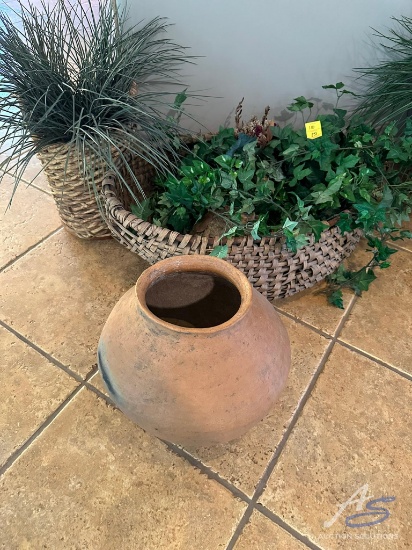Home decor - (2) decorative wicker baskets with artificial plants and (1) terracotta clay pot