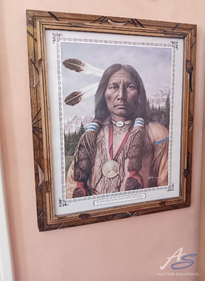 Native American Print in Frame, Statue, and Bowl
