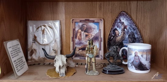 Native American Decor: mug, statue, plates, and other items