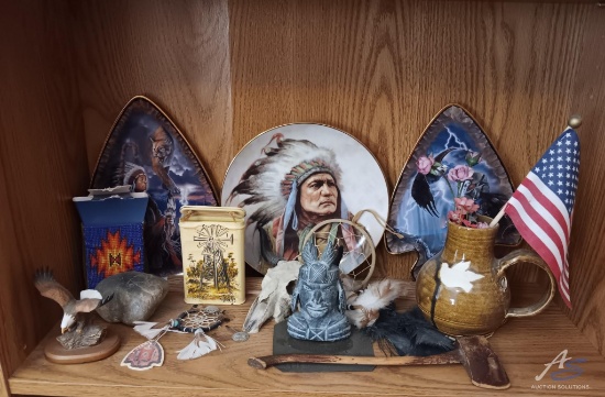 Native American Decor: vase, plates, statues, and other items