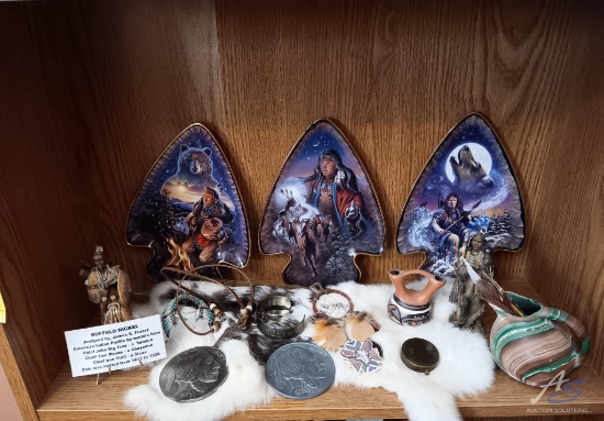 Native American Decor: plates, coins, and other items