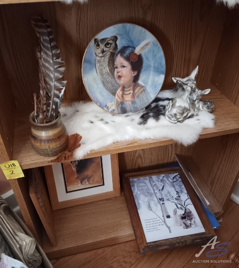 Native American Decor: prints in frames, wooden eagle, plate, and other items