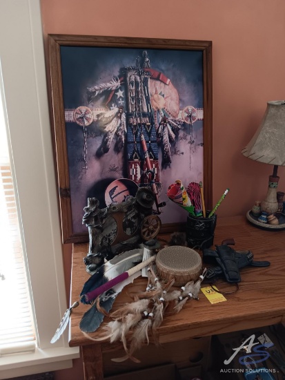 Native American Decor: picture frame, pen holder, print in frame, and small drum