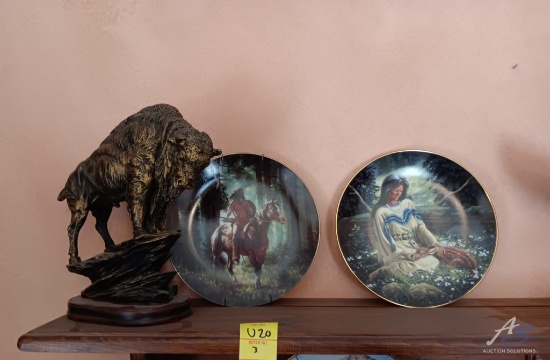 Buffalo Statue and (2) Native American Decor Plates