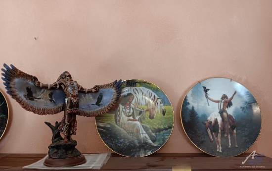 Native American Decor: statue and (2) plates