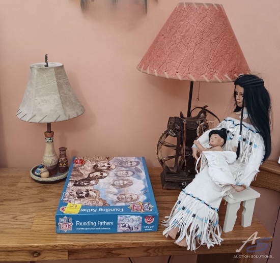 Native American Decor: (2) lamps, mother & child dolls, and puzzle